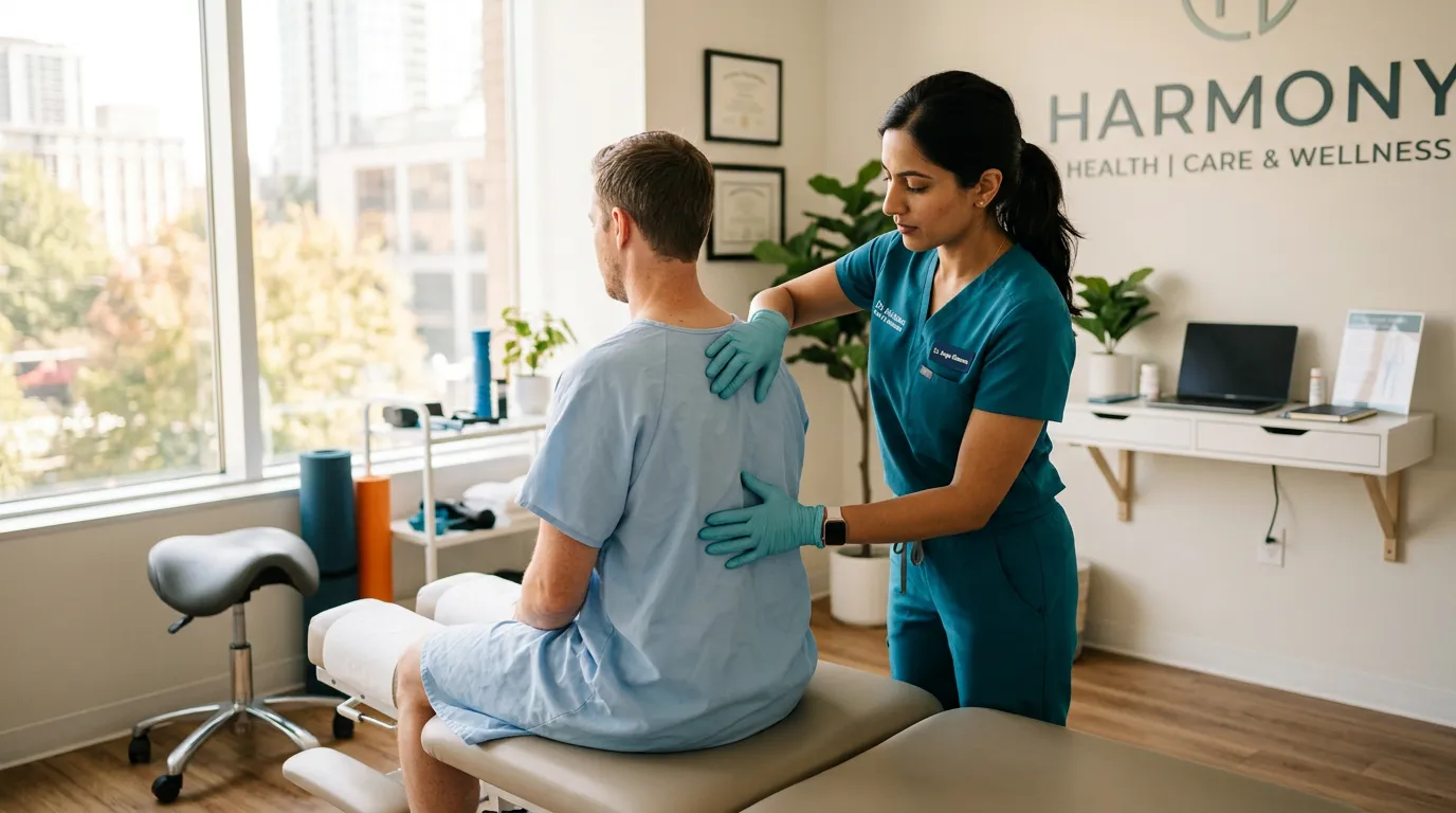 Clinician in teal scrubs examining a patient in a bright treatment room