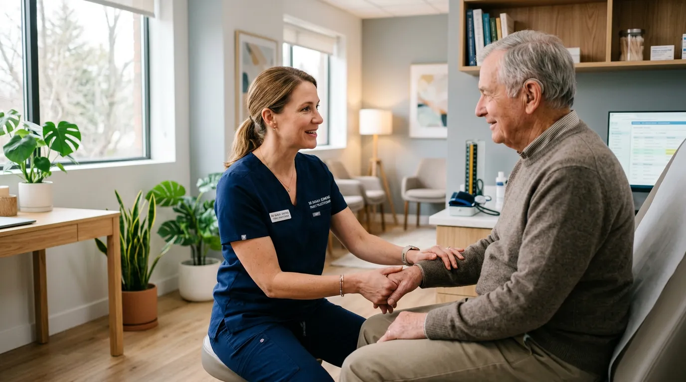 Practitioner providing hands-on care to a patient in a warm clinic room