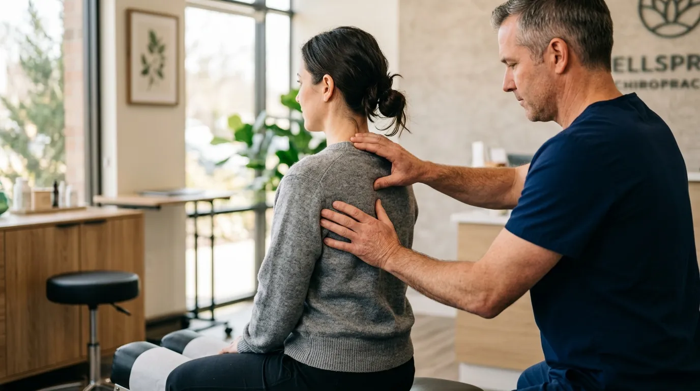 Chiropractor performing a gentle spinal adjustment on a seated patient